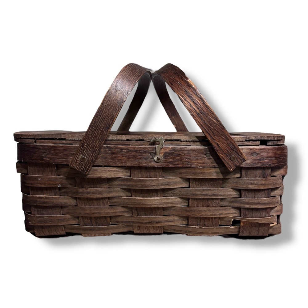 PETERBORO BASKET CO. Woven Wood Flip Top Picnic Basket VINTAGE